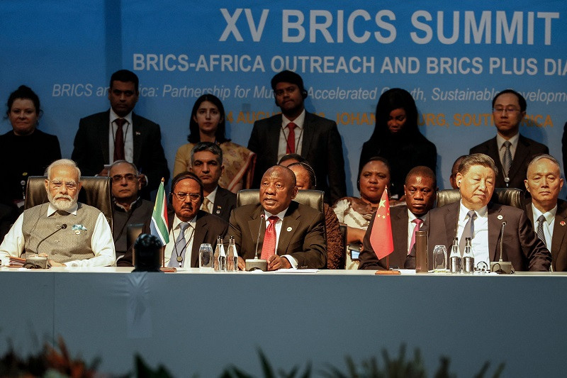 prime minister of india narendra modi south african president cyril ramaphosa and president of china xi jinping attend a meeting during the 2023 brics summit at the sandton convention centre in johannesburg on august 24 2023 photo reuters