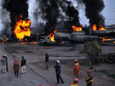 nato tankers ablaze peshawar targeted by militants four dead