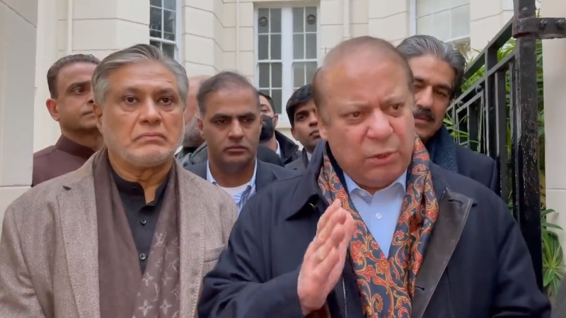 former pm nawaz sharif speaking to reporters in london screengrab