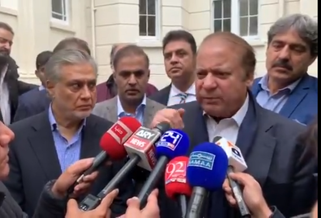 former premier nawaz sharif speaking to reporters in london photo file