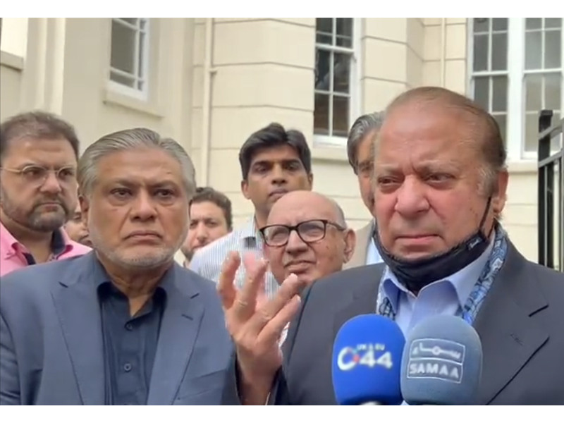 former prime minister nawaz sharif is speaking to the reporters in london screengrab