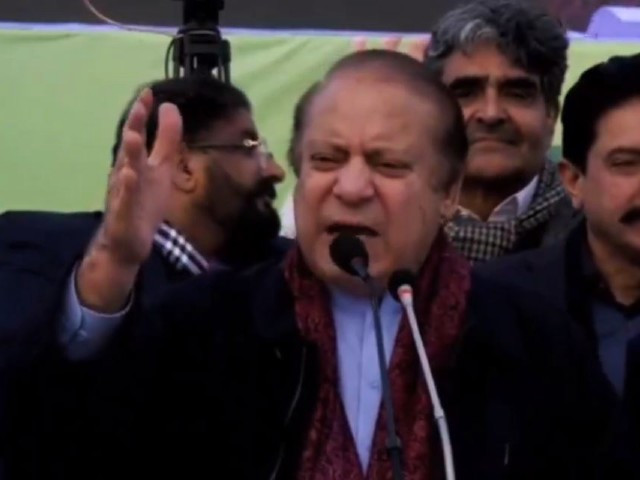 pml n supreme leader nawaz sharif addressing a gathering in haroonabad bahawalpur district on january 30 2024 screengrab