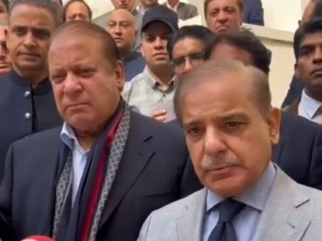 pml n president shehbaz sharif talking to the media in london along with his brother nawaz sharif on august 25 2023 screengrab file pml n president shehbaz sharif talking to the media in london along with his brother nawaz sharif on august 25 2023 screengrab file