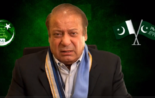 pml n supremo and former prime minister nawaz sharif can be seen delivering a video message from london august 2022 screengrab