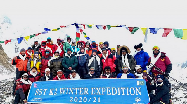 this handout photo taken on january 16 2021 by seven summit treks shows the historic team of 10 nepali mountaineers and sherpas after reaching the summit of k2 photo afp this handout photo taken on january 16 2021 by seven summit treks shows the historic team of 10 nepali mountaineers and sherpas after reaching the summit of k2 photo afp