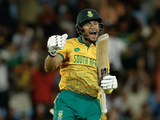 reeza hendricks leaps in delight after scoring his maiden t20i century photo afp