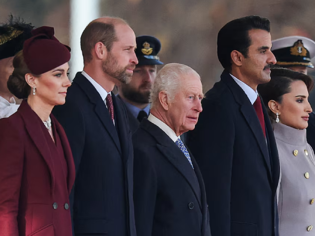 britain s king charles william prince of wales and catherine princess of wales stand with qatari emir sheikh tamim bin hamad al thani and his wife sheikha jawaher bint hamad bin suhaim al thani during a ceremonial welcome for the qatari emir and his wife at the horse guards parade in london britain reuters