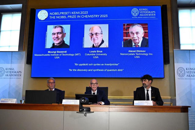 hans ellegren centre permanent secretary of the royal swedish academy of sciences announces the winners of the 2023 nobel prize in chemistry at the royal swedish academy of sciences in stockholm sweden october 4 2023 photo reuters