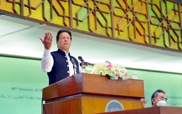 prime minister imran khan addresses the inaugural session of the 48th oic foreign ministers conference in islamabad on march 22 2022 photo pid