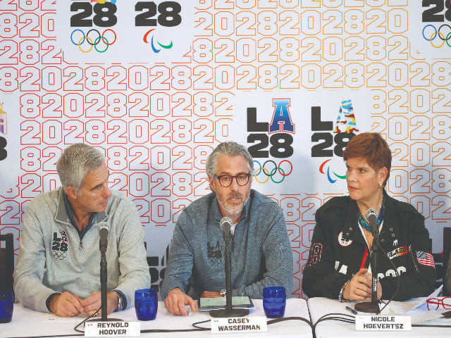 candid talk la28 chairperson and president casey wasserman speaks in a press conference as ceo reynold hoover and ioc vice president nicole hoevertsz look on photo reuters candid talk la28 chairperson and president casey wasserman speaks in a press conference as ceo reynold hoover and ioc vice president nicole hoevertsz look on photo reuters
