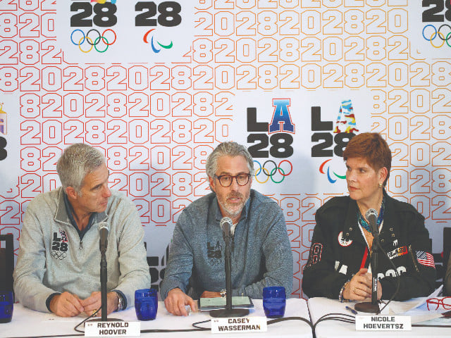 candid talk la28 chairperson and president casey wasserman speaks in a press conference as ceo reynold hoover and ioc vice president nicole hoevertsz look on photo reuters