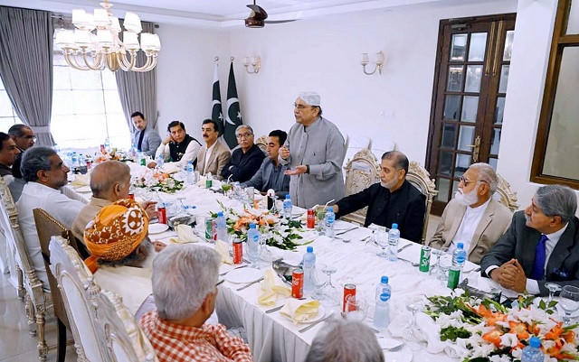 ppp co chairman asif ali zardari and chairman bilawal bhutto zardari and other opposition leaders attend a luncheon hosted by pml n president shehbaz sharif at his residence in islamabad on march 19 2022 ppi