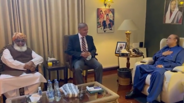 pml n president shehbaz and jui f chief maulana fazlur rehman met with ppp leader asif zardari at his residence in islamabad screengrab