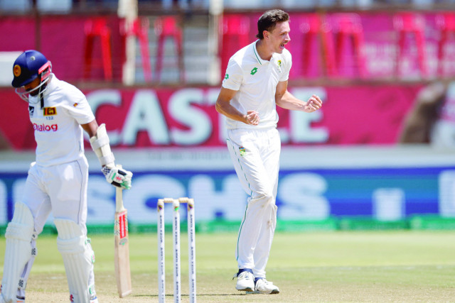 south africa s marco jansen r celebrates after dismissing sri lanka s vishwa fernando l on the fourth day of the first cricket test match at the kingsmead stadium in durban photo afp south africa s marco jansen r celebrates after dismissing sri lanka s vishwa fernando l on the fourth day of the first cricket test match at the kingsmead stadium in durban photo afp
