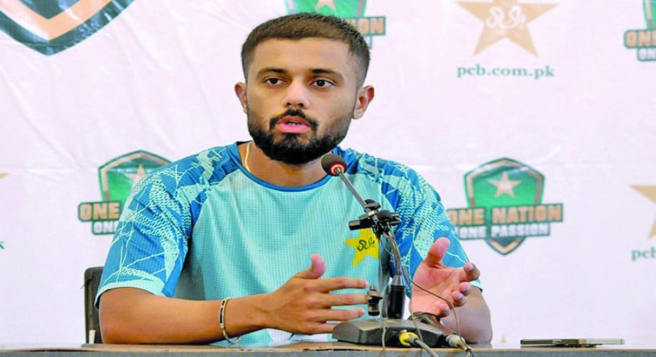 pakistan team s vice captain saud shakeel addresses the media at multan stadium ahead of second test against west indies photo pcb