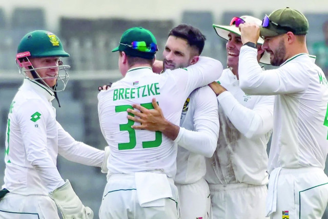 south african players celebrate after the dismissal of bangladesh captain najmul hossain shanto on the second day of the first test in dhaka photo afp south african players celebrate after the dismissal of bangladesh captain najmul hossain shanto on the second day of the first test in dhaka photo afp