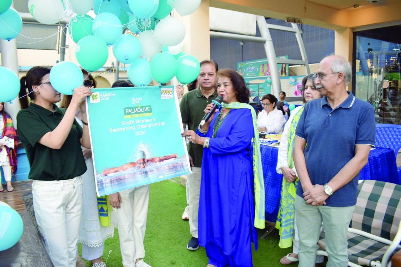 kwsa secretary veena masud md colgate palmolive zulfiqar lakhani and other officials are seen at the closing ceremony of palmolive sindh women s swimming championship photo kwsa