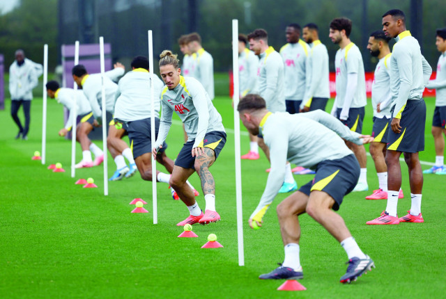 liverpool players seen during a training session on the eve of their uefa champions league match against bologna on tuesday photo afp liverpool players seen during a training session on the eve of their uefa champions league match against bologna on tuesday photo afp
