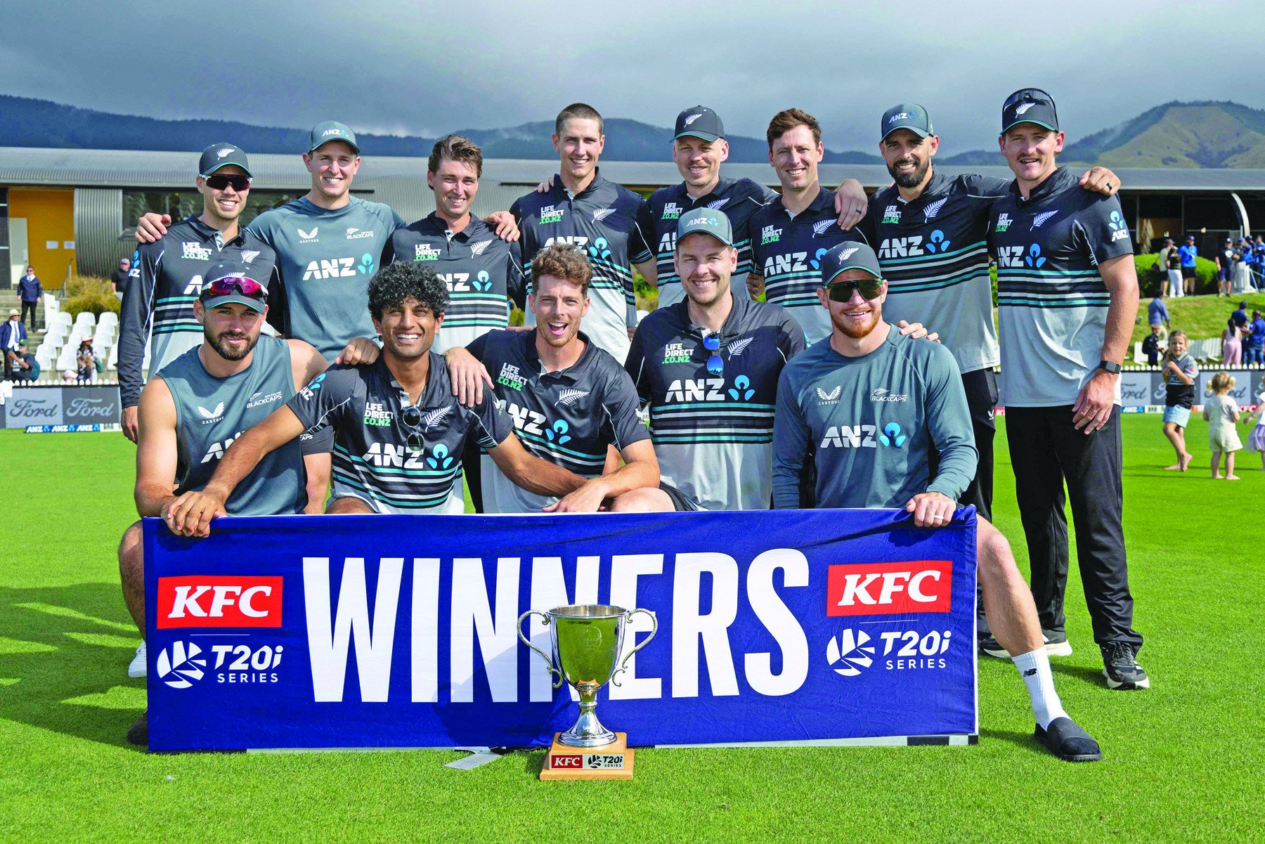 new zealand cricket team holds the t20 trophy after series win against sri lanka at saxton oval in nelson on wednesday photo afp