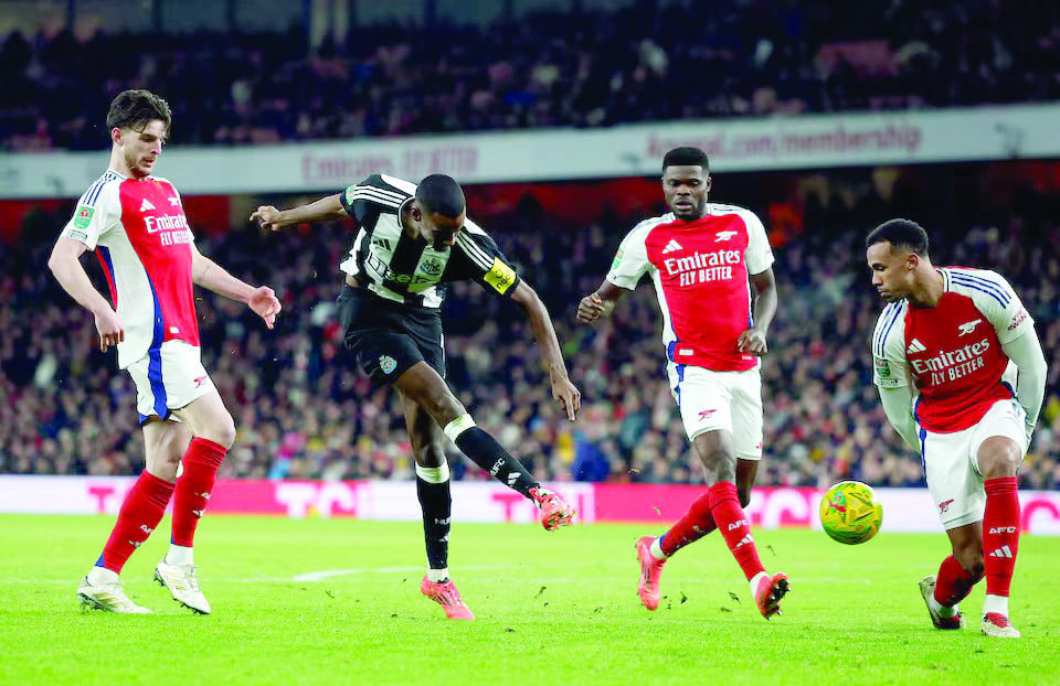 newcastle united s alexander isak shoots at goal during carabao cup semi final first leg against arsenal at emirates stadium on january 7 photo reuters