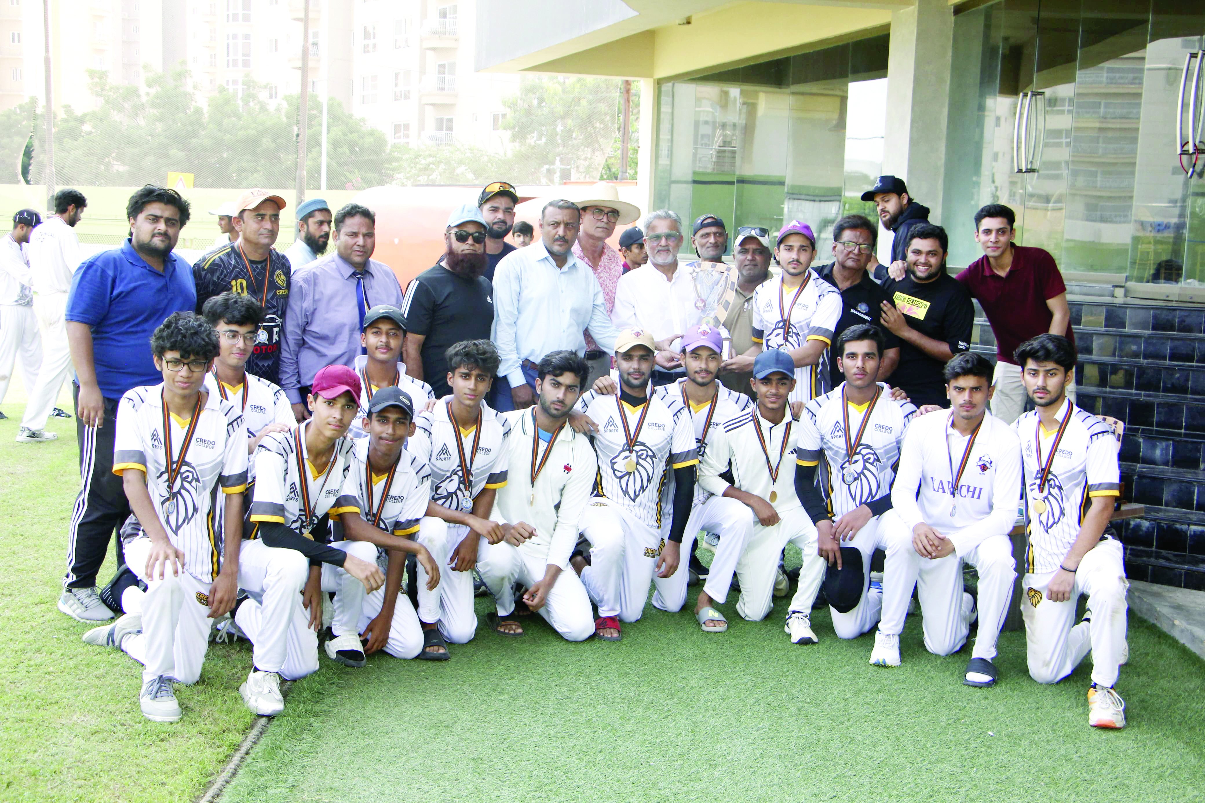 credo college winners of psso national games under 19 cricket final are seen with chief guest moin khan gohor raza and others photo app