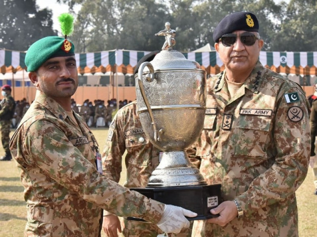 chief of army staff general qamar javed bajwa awarding highest military shooting honour the master at arms trophy to best firer lance havaldar arshad saddique of pakistan army photo ispr chief of army staff general qamar javed bajwa awarding highest military shooting honour the master at arms trophy to best firer lance havaldar arshad saddique of pakistan army photo ispr