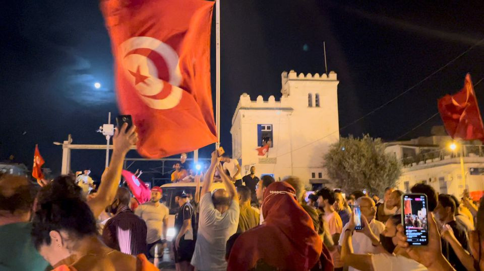 crowds gather on the street after tunisia s president suspended parliament in la marsa near tunis tunisia july 26 2021 in this still image obtained from a social media video photo reuters
