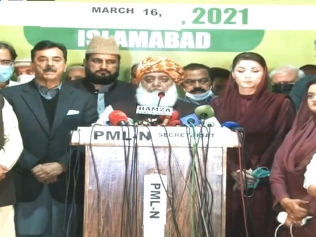 pdm president maulana fazlur rehman addressing a press conference in islamabad along with pml n s maryam nawaz and ppp s yousuf raza gilani in islamabad screengrab pdm president maulana fazlur rehman addressing a press conference in islamabad along with pml n s maryam nawaz and ppp s yousuf raza gilani in islamabad screengrab
