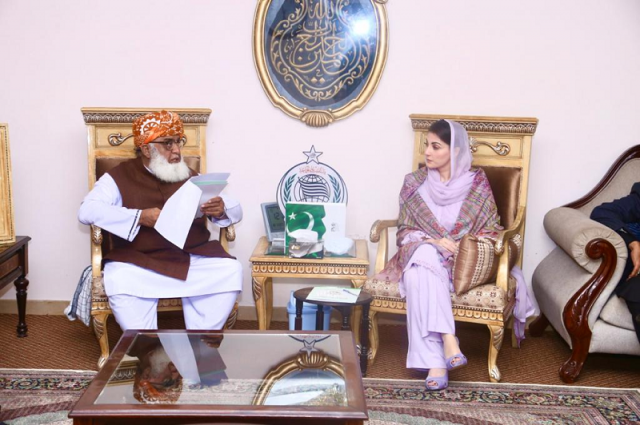 jui f chief maulana fazlur rehman and pml n vice president maryam nawaz at a meeting of the opposition s 11 party alliance photo twitter pmln org file jui f chief maulana fazlur rehman and pml n vice president maryam nawaz at a meeting of the opposition s 11 party alliance photo twitter pmln org file