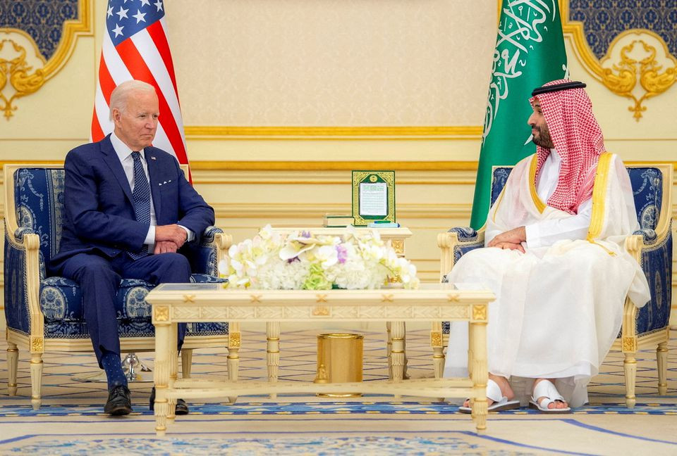 saudi crown prince mohammed bin salman and us president joe biden meet at al salmnan palace upon his arrival in jeddah saudi arabia july 15 2022 badar algaloud courtesy of saudi royal court handout via reuters