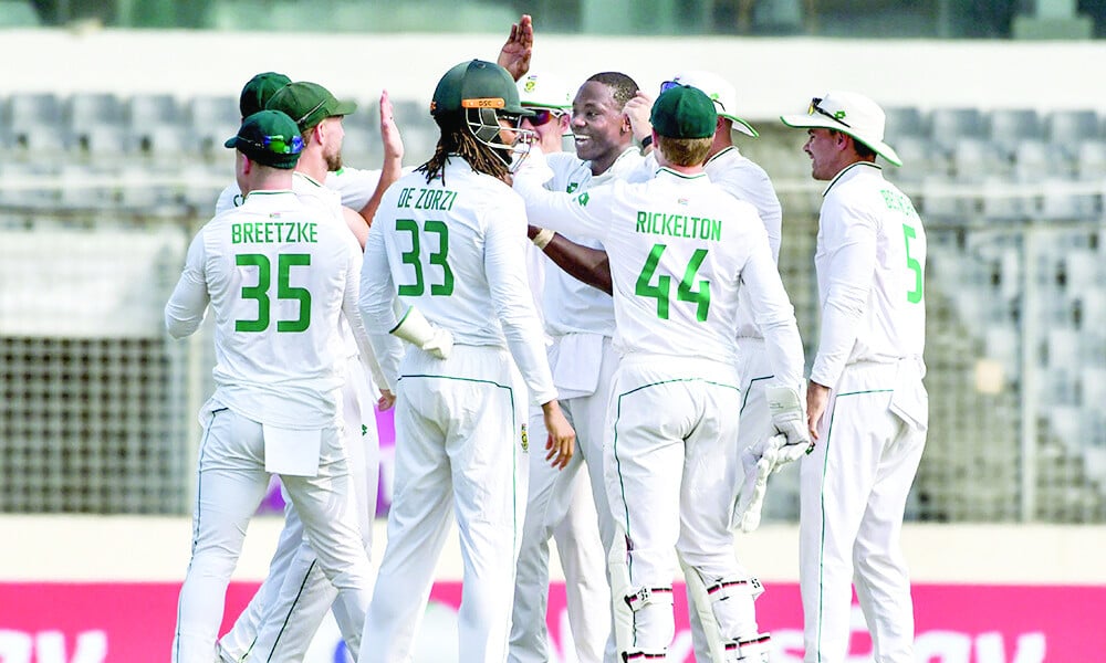 acer kagiso rabada celebrates a wicket with the team against bangladesh photo afp