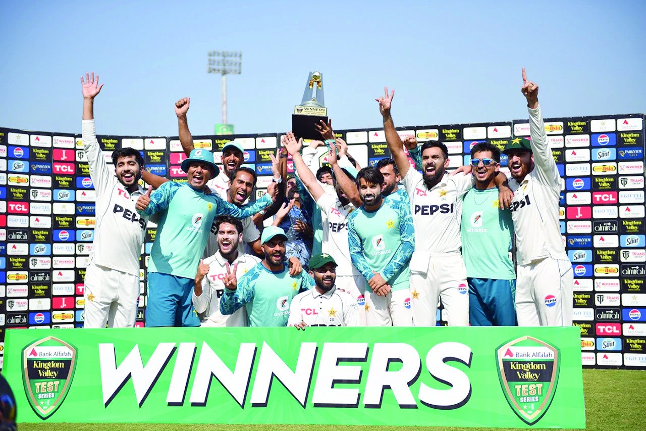 the pakistan players pose with the series trophy in the recently concluded england series photo afp