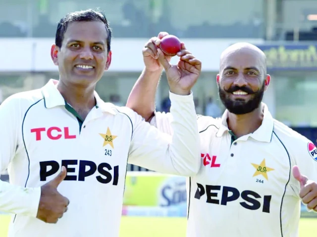 noman ali and sajid khan pose with the match ball after the third test against england photo pcb noman ali and sajid khan pose with the match ball after the third test against england photo pcb