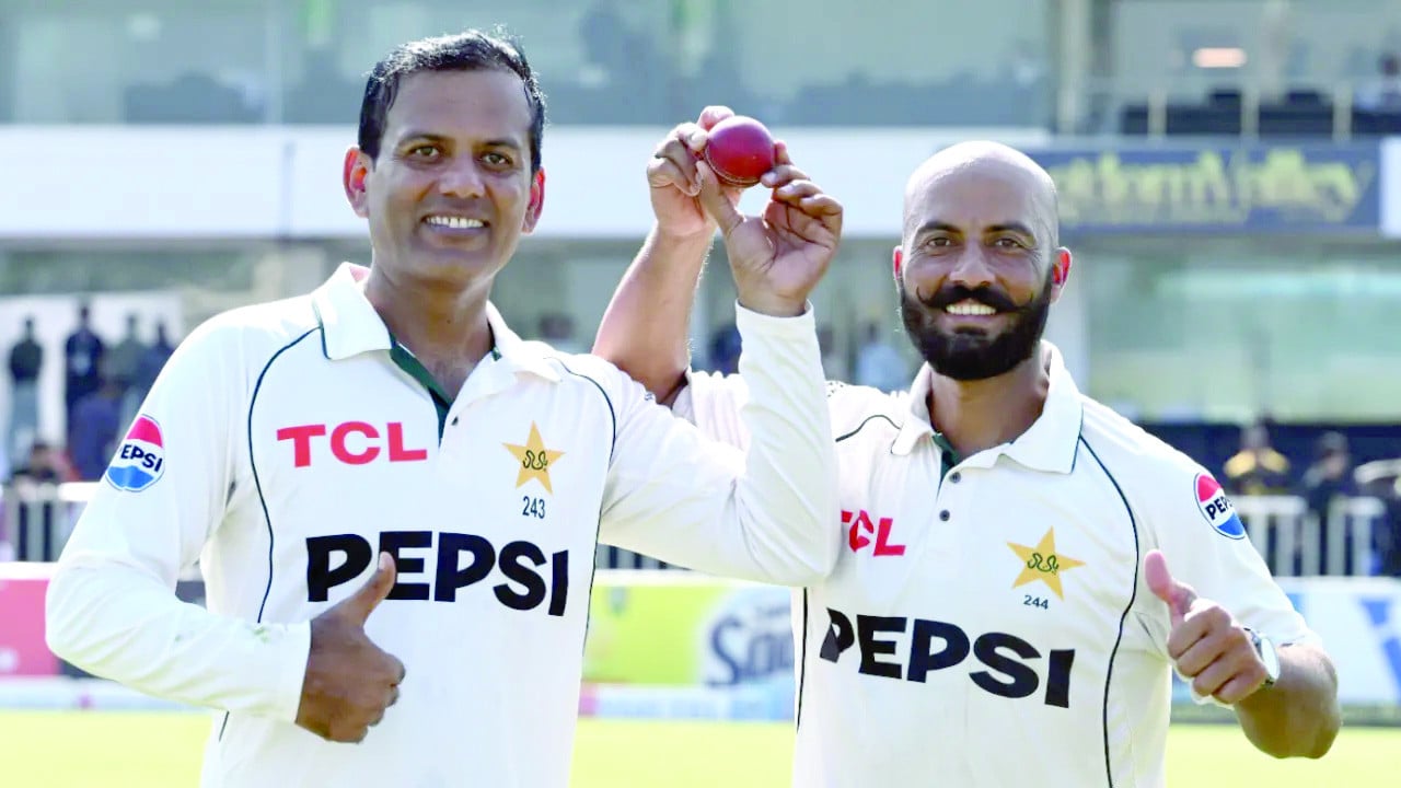 noman ali and sajid khan pose with the match ball after the third test against england photo pcb