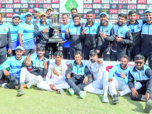 sialkot players celebrate their one wicket victory in the quaid e azam trophy 2024 25 final photo pcb