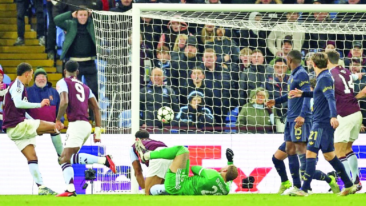 aston villa s english midfielder morgan rogers l scores but the goal is disallowed during the uefa champions league football match between aston villa and juventus at villa park in birmingham photo afp