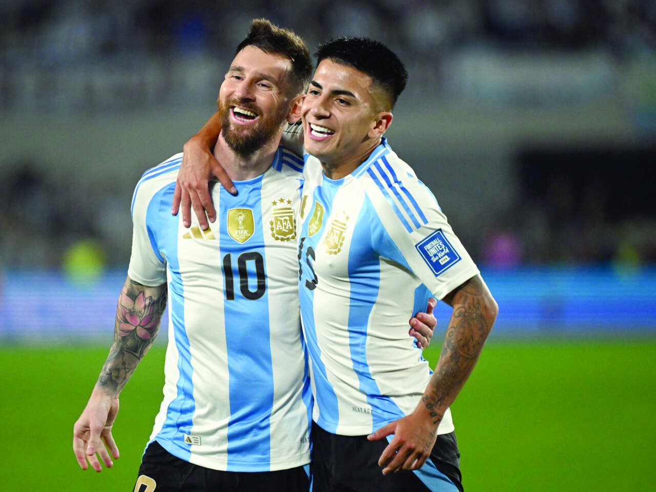 lionel messi scored a hat trick in argentina s 6 0 win over bolivia with thiago almada also on target for the world champions photo afp