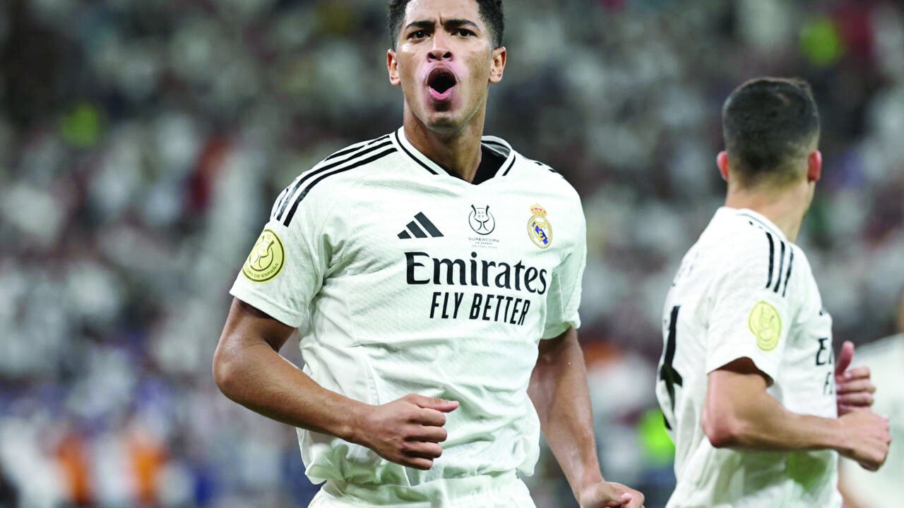 real madrid s english midfielder jude bellingham celebrates scoring his team s first goal against mallorca photo afp