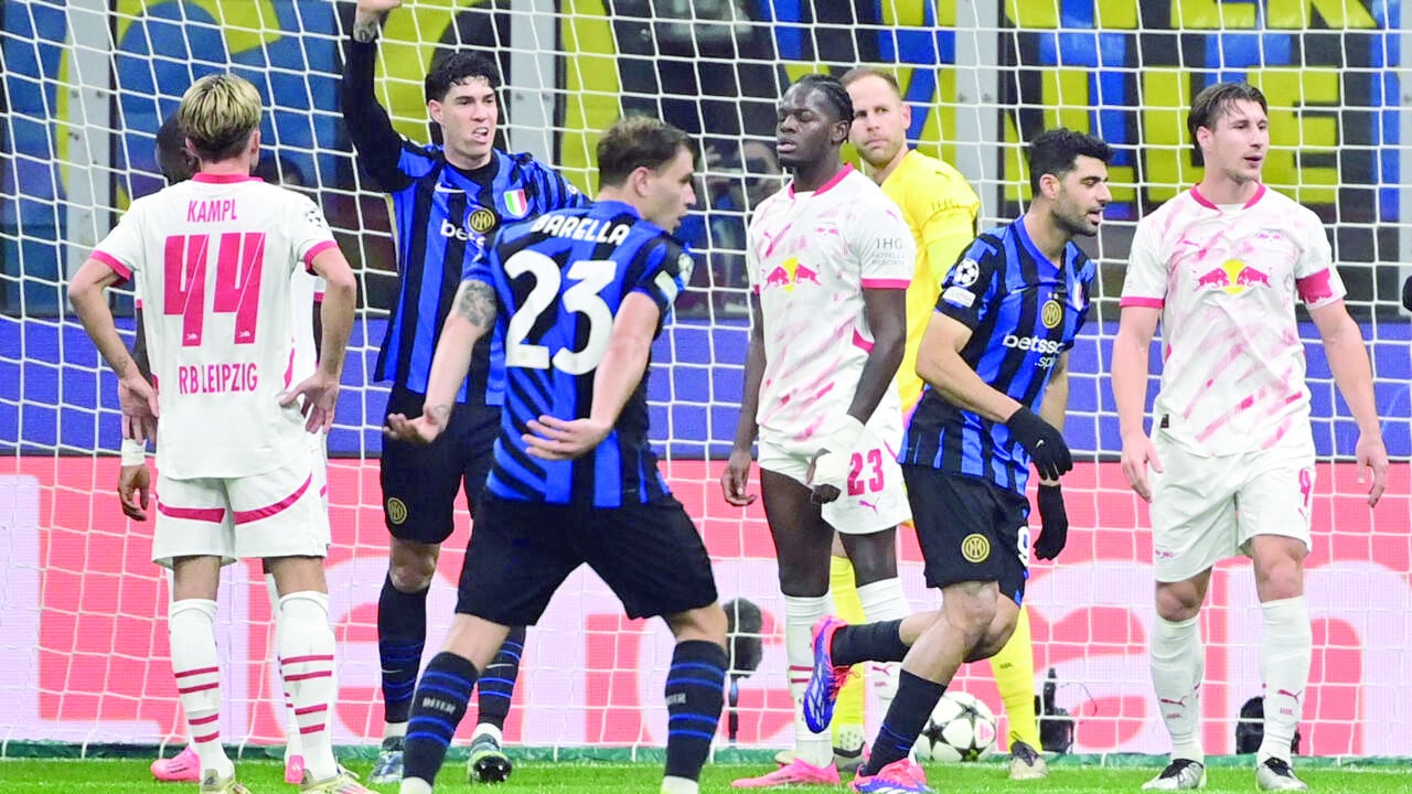 castello lukeba c reacts to scoring the own goal which gave inter milan victory over leipzig on wednesday photo afp