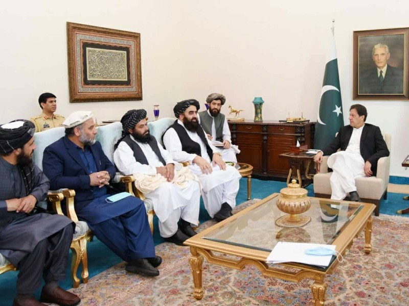 acting foreign minister of afghanistan amir khan muttaqi calls on prime minister imran khan in islamabad on november 12 2021 photo pid