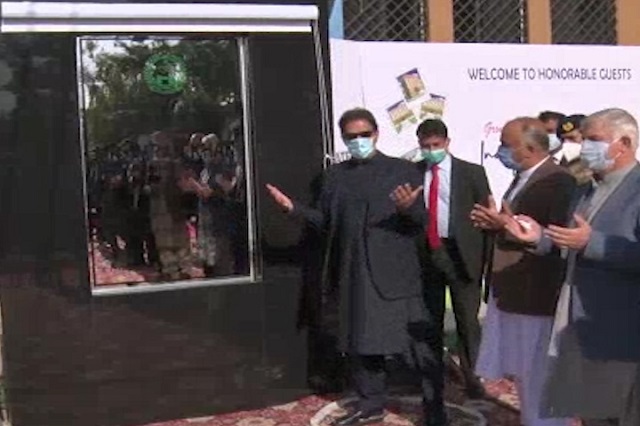 prime minister imran khan lays the foundation for the hayatabad sports complex renovation project in peshawar photo screengrab