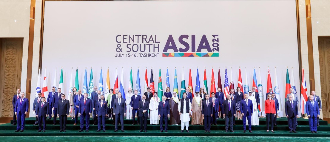 prime minister imran khan in a group photo at the central and south asia 2021 regional connectivity challenges and opportunities conference in tashkent on july 16 2021 photo pid