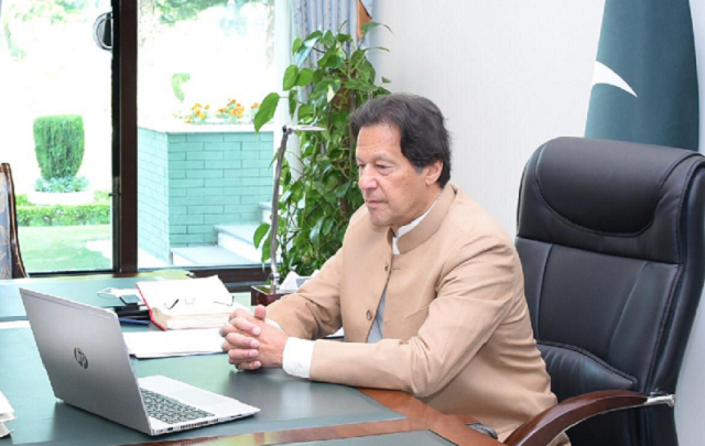 prime minister imran khan appeared on friday before a district and sessions court via video link from his office photo pm office