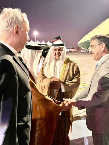 uae minister for justice abdullah sultan bin awad al nuaimi pakistan s ambassador to the uae faisal niaz tirmizi and the pakistani diplomatic staff welcomed the prime minister at dubai airport photo x pakpmo