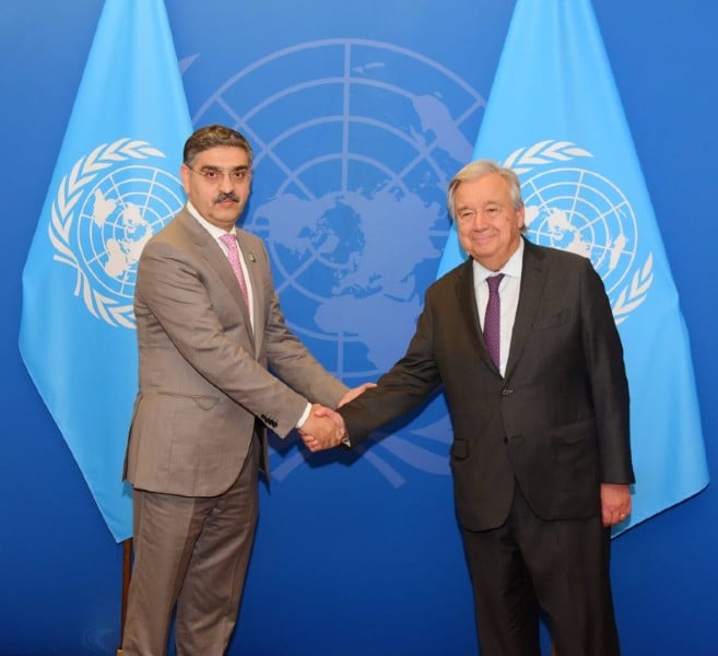 caretaker pm anwaar ul haq kakar meets the un secretary general antonio guterres on the sidelines of the 78th session of the general assembly photo app