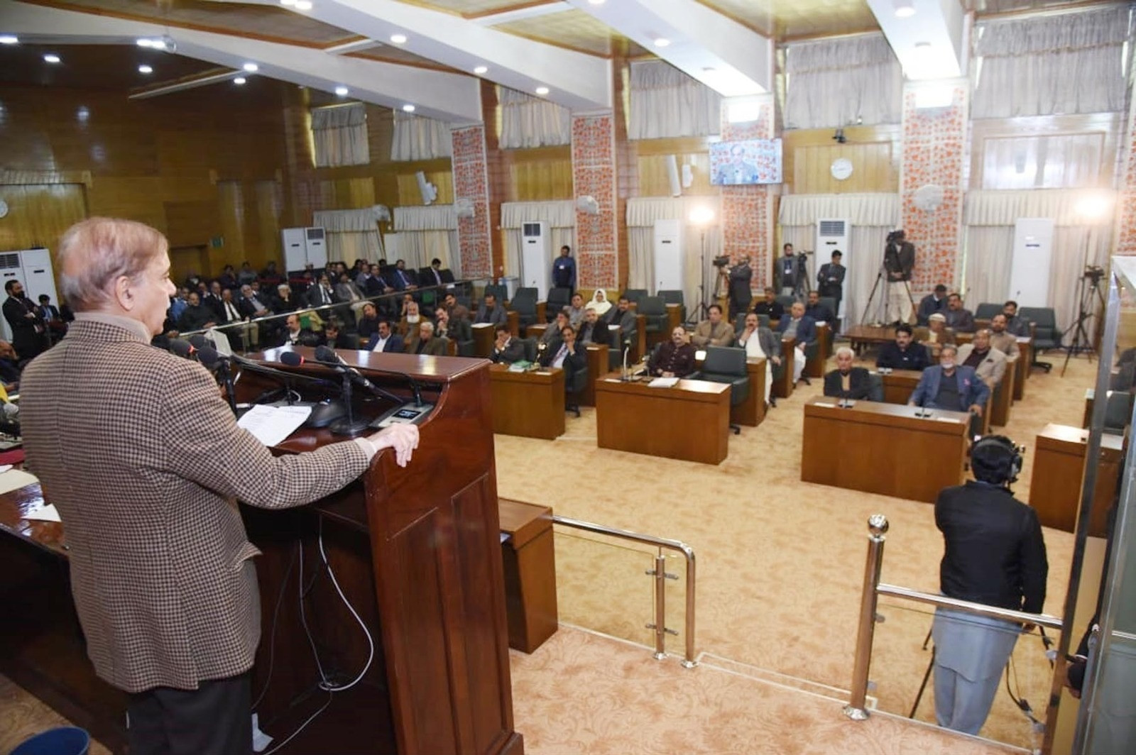 prime minister shehbaz sharif addresses a special session of azad jammu and kashmir legislative assembly in muzaffarabad photo express