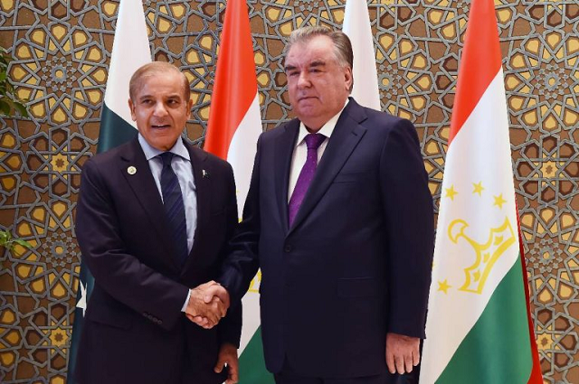 prime minister shehbaz sharif meets with tajikistan s president emomali rahmon on the sidelines of the sco heads of council meeting in samarkand photo app