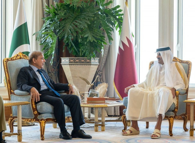 qatar s emir sheikh tamim bin hamed al thani meets prime minister shehbaz sharif in doha on august 24 2022 photo courtesy qatar news agency qatar s emir sheikh tamim bin hamed al thani meets prime minister shehbaz sharif in doha on august 24 2022 photo courtesy qatar news agency