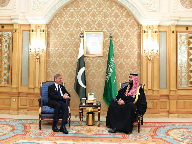 brotherly ties prime minister shehbaz sharif speaks with saudi crown prince mohammed bin salman during a meeting in riyadh photo express