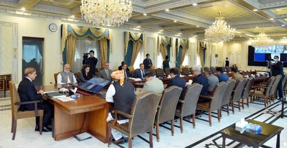 prime minister shehbaz shaif chars a meeting of relief coordination committee on floods in islamabad on august 15 2022 photo app